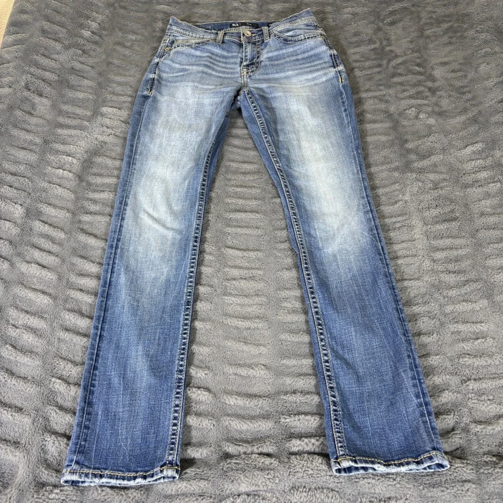 BKE Alec Slim Straight Jeans Mens 28x32 Medium Wash Blue Embroidered Denim AR817